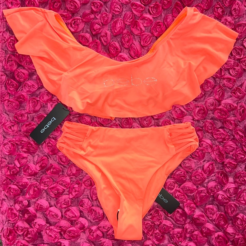 Bebe Womens Swim Bikini off-shoulder Top Neon tangerine Orange